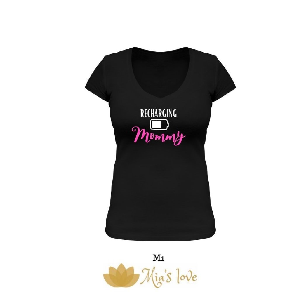Recharging battery Mommy, Size S, T-shirts women, neón black